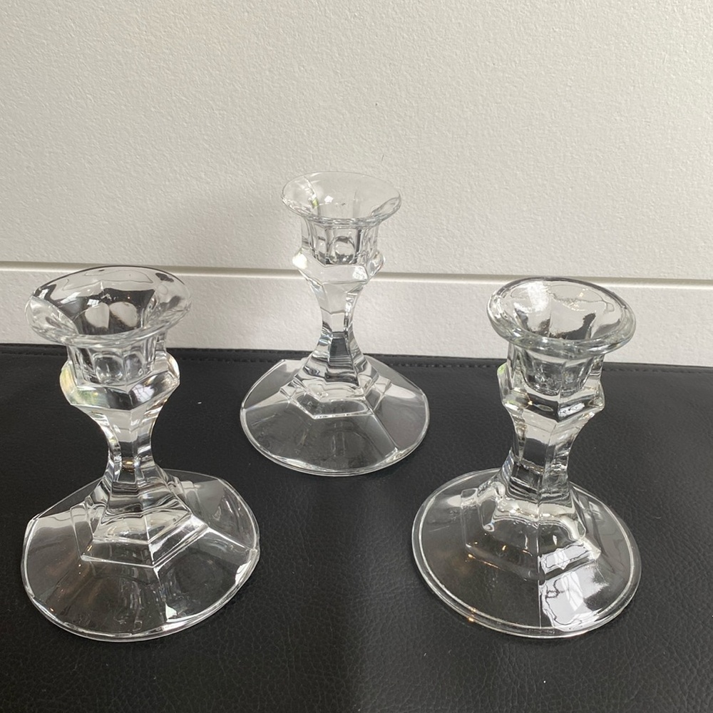 Set Of 3 Stunning Clear Glass Candle Holders Crystal Entertaining Wedding Party